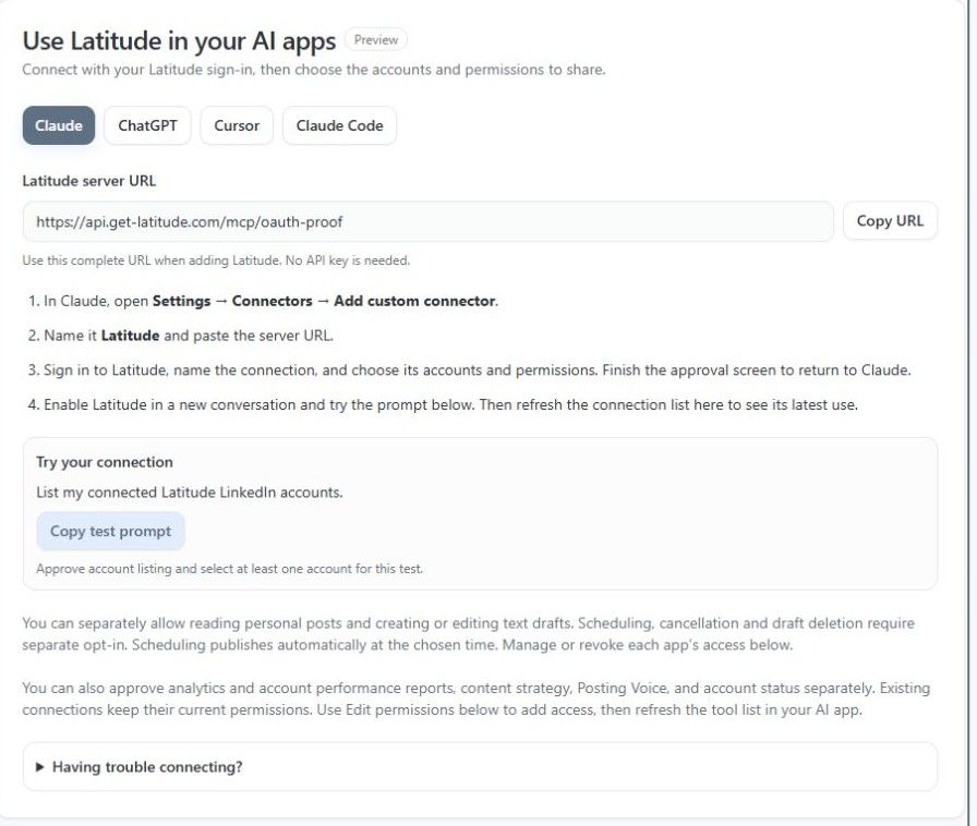 Current Latitude Integrations setup card with the complete server URL, AI app choices and read-only test prompt.