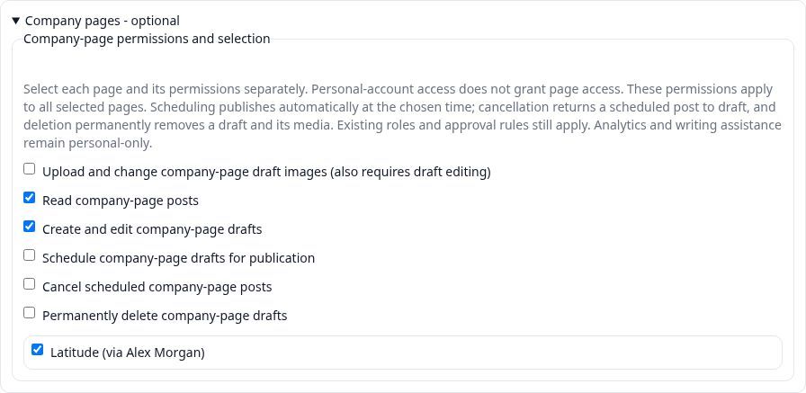 Actual Latitude Company Page permission controls with a synthetic Latitude Page selected, post reading and draft editing checked, and scheduling, cancellation, deletion and images unchecked.